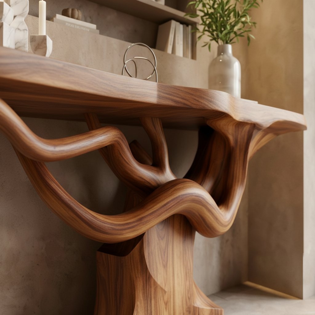 Solid Wood Live-Edge Console Table Flowing Wavy Sculptural Base Walnut Entryway