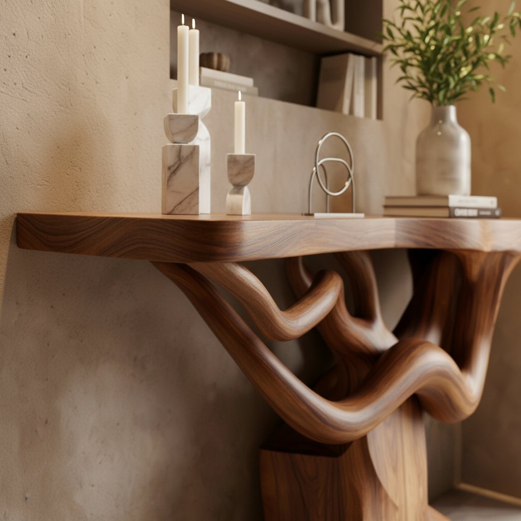 Solid Wood Live-Edge Console Table Flowing Wavy Sculptural Base Walnut Entryway