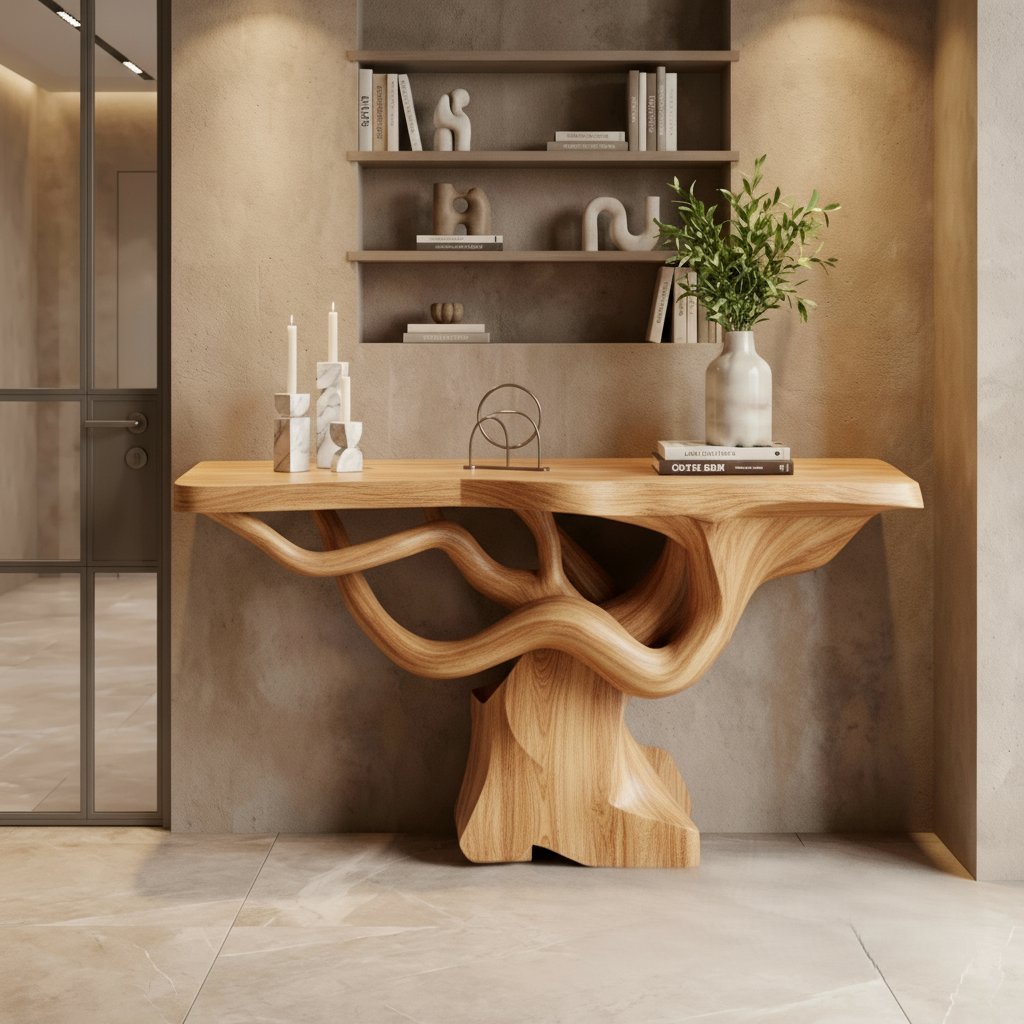 Solid Wood Live-Edge Console Table Flowing Wavy Sculptural Base Walnut Entryway