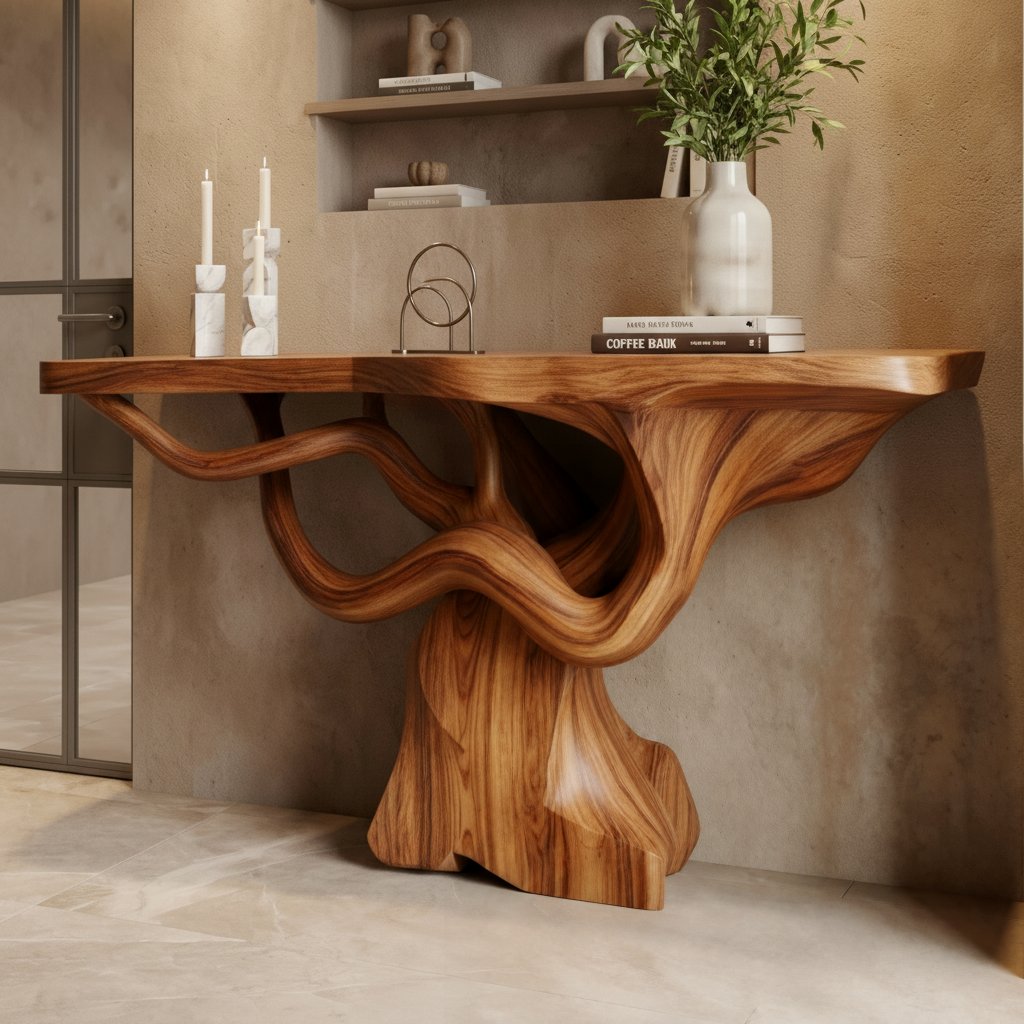 Solid Wood Live-Edge Console Table Flowing Wavy Sculptural Base Walnut Entryway
