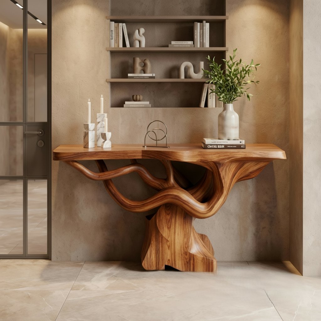 Solid Wood Live-Edge Console Table Flowing Wavy Sculptural Base Walnut Entryway