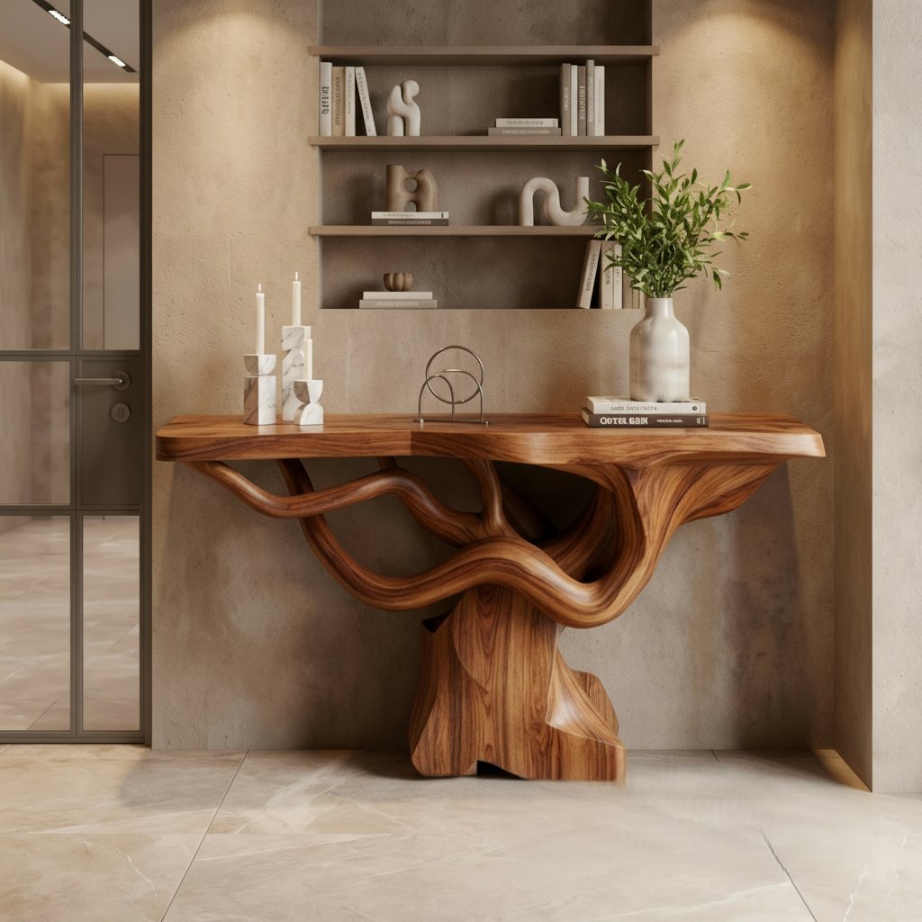 Solid Wood Live-Edge Console Table Flowing Wavy Sculptural Base Walnut Entryway