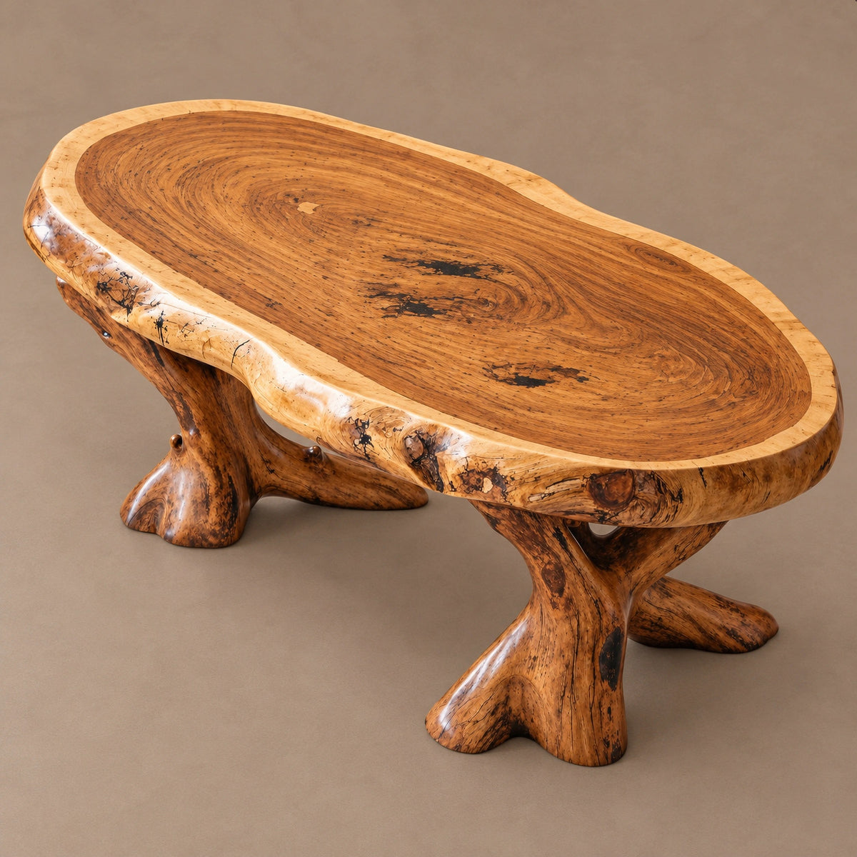 Rustic Live Edge Coffee Table With Natural Oval Slab Top For Living Room