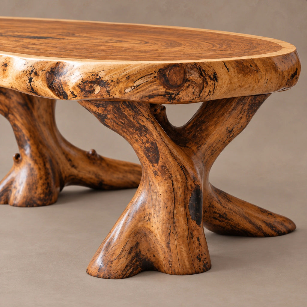 Rustic Live Edge Coffee Table With Natural Oval Slab Top For Living Room