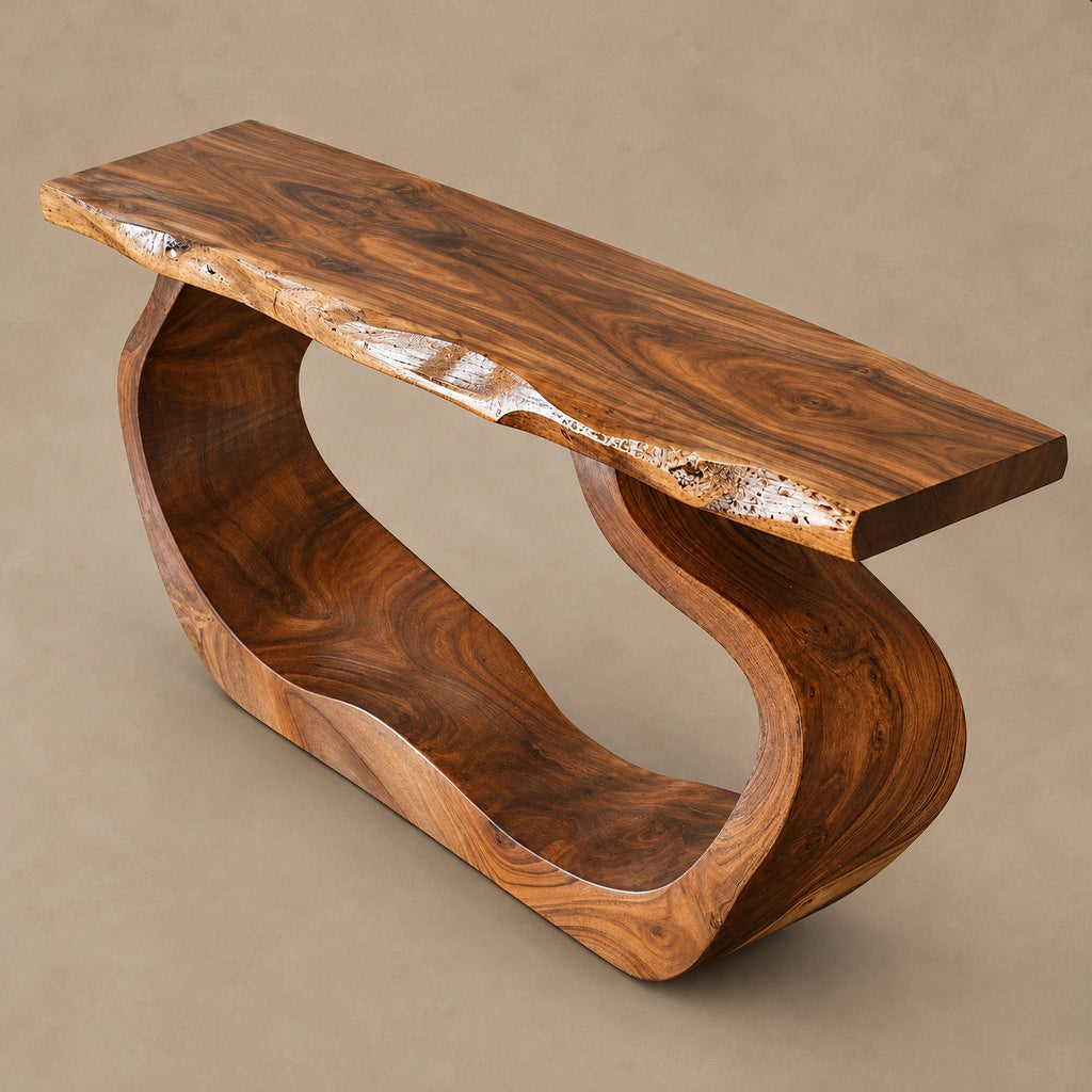 Sculptural Live Edge Console Table With Waterfall Loop Base For Entryway