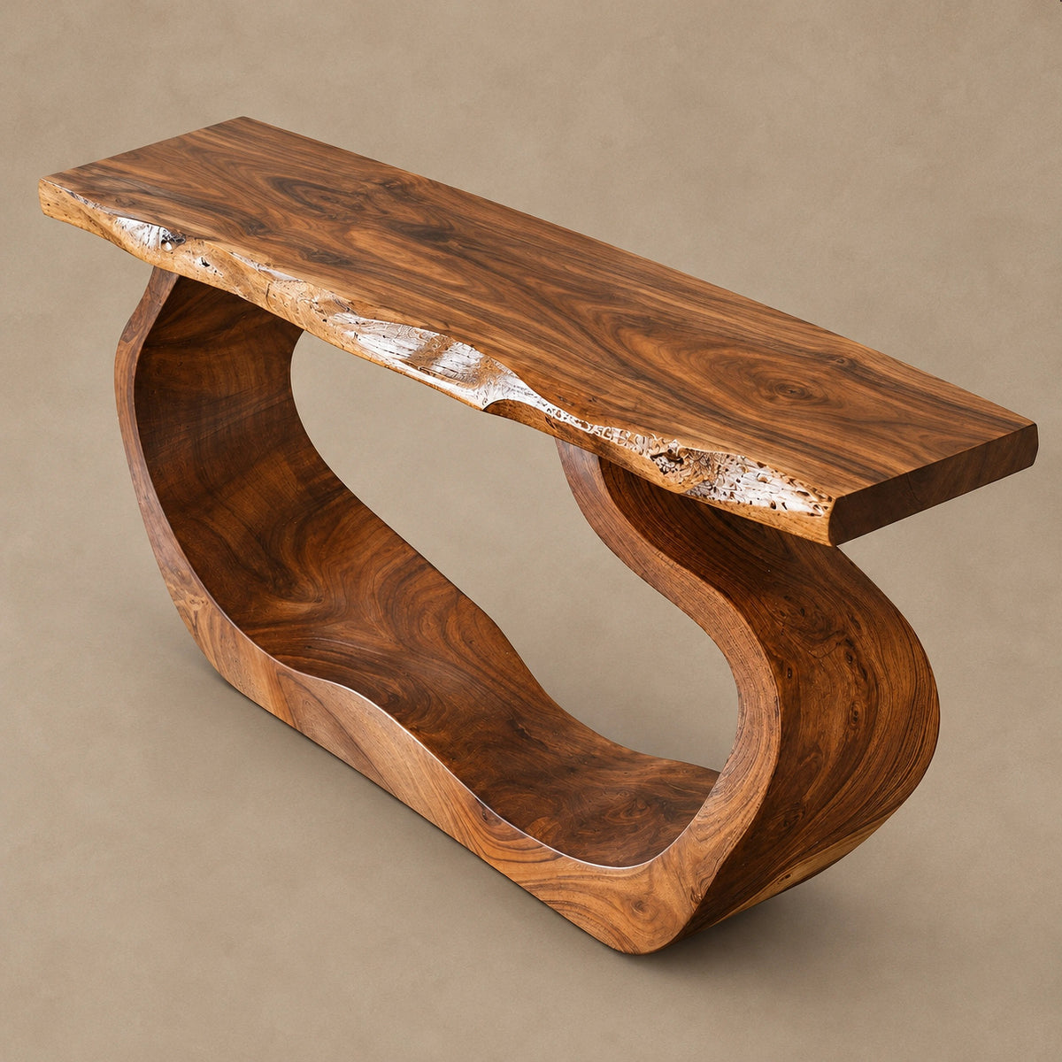 Sculptural Live Edge Console Table With Waterfall Loop Base For Entryway