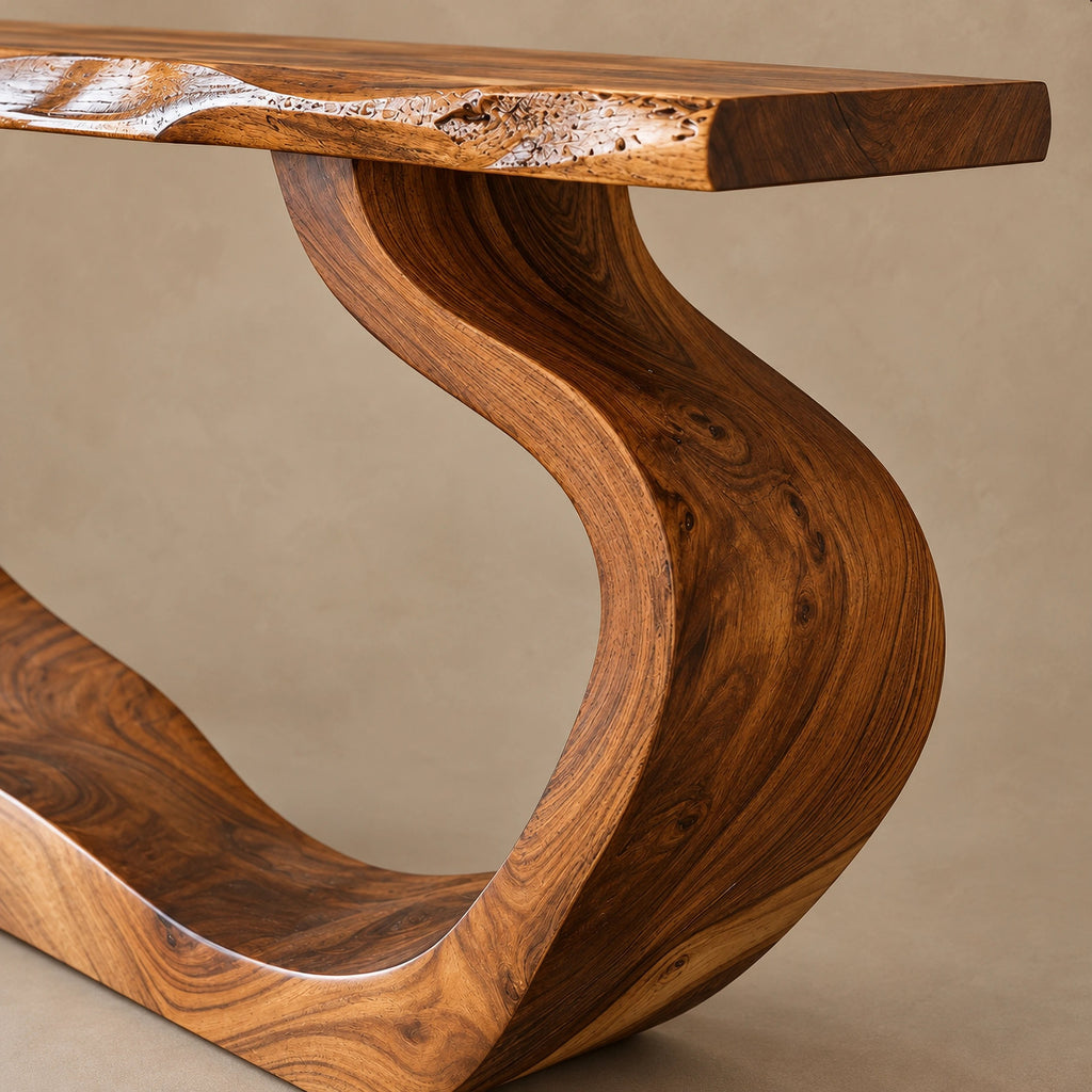 Sculptural Live Edge Console Table With Waterfall Loop Base For Entryway