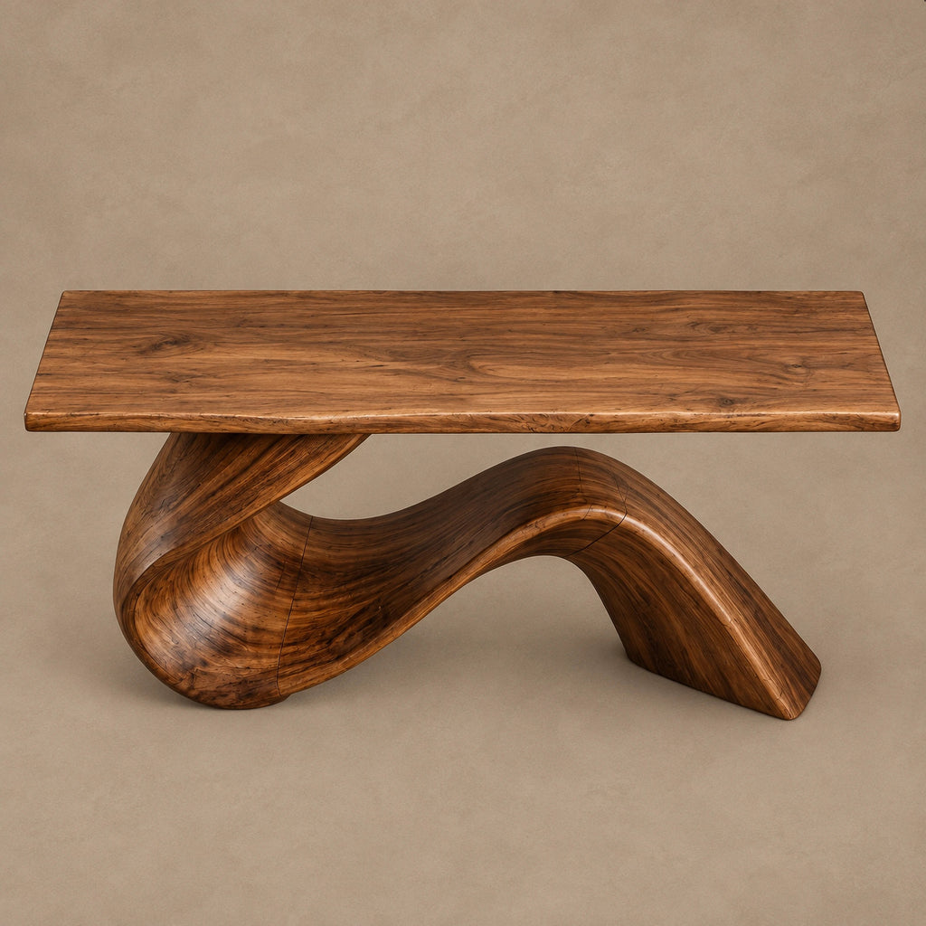 Sculptural Live Edge Console Table With Wave Ribbon Base For Entryway