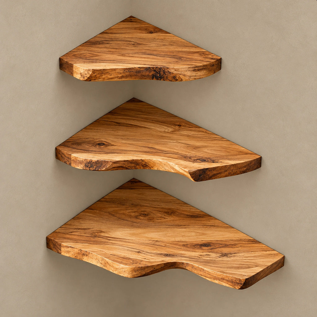 Japandi Live Edge Corner Shelf With Soft Flowing Grain For Living Room