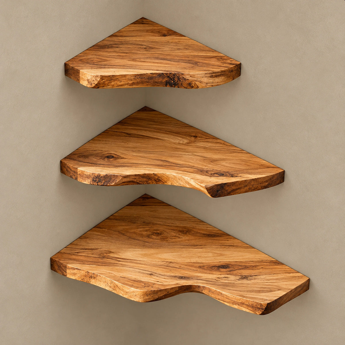 Japandi Live Edge Corner Shelf With Soft Flowing Grain For Living Room