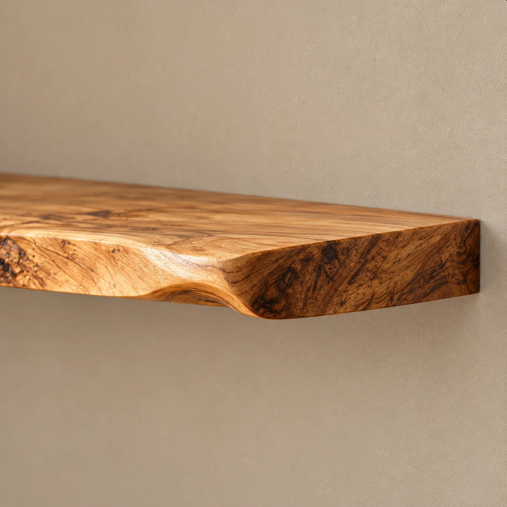 Japandi Live Edge Corner Shelf With Soft Flowing Grain For Living Room