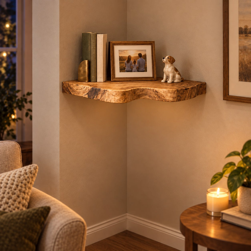 Contemporary Wavy Edge Corner Shelf With Flowing Live Edge For Living Room
