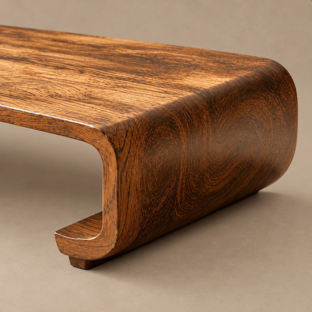 Minimalist Wooden Coffee Table With Curled Scroll Legs For Living Room
