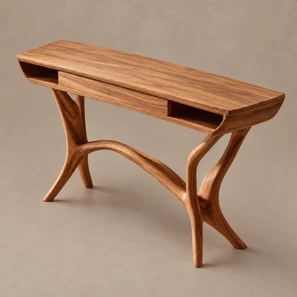 Mid Century Sculpted Console Table With Open Side Cubbies For Hallway
