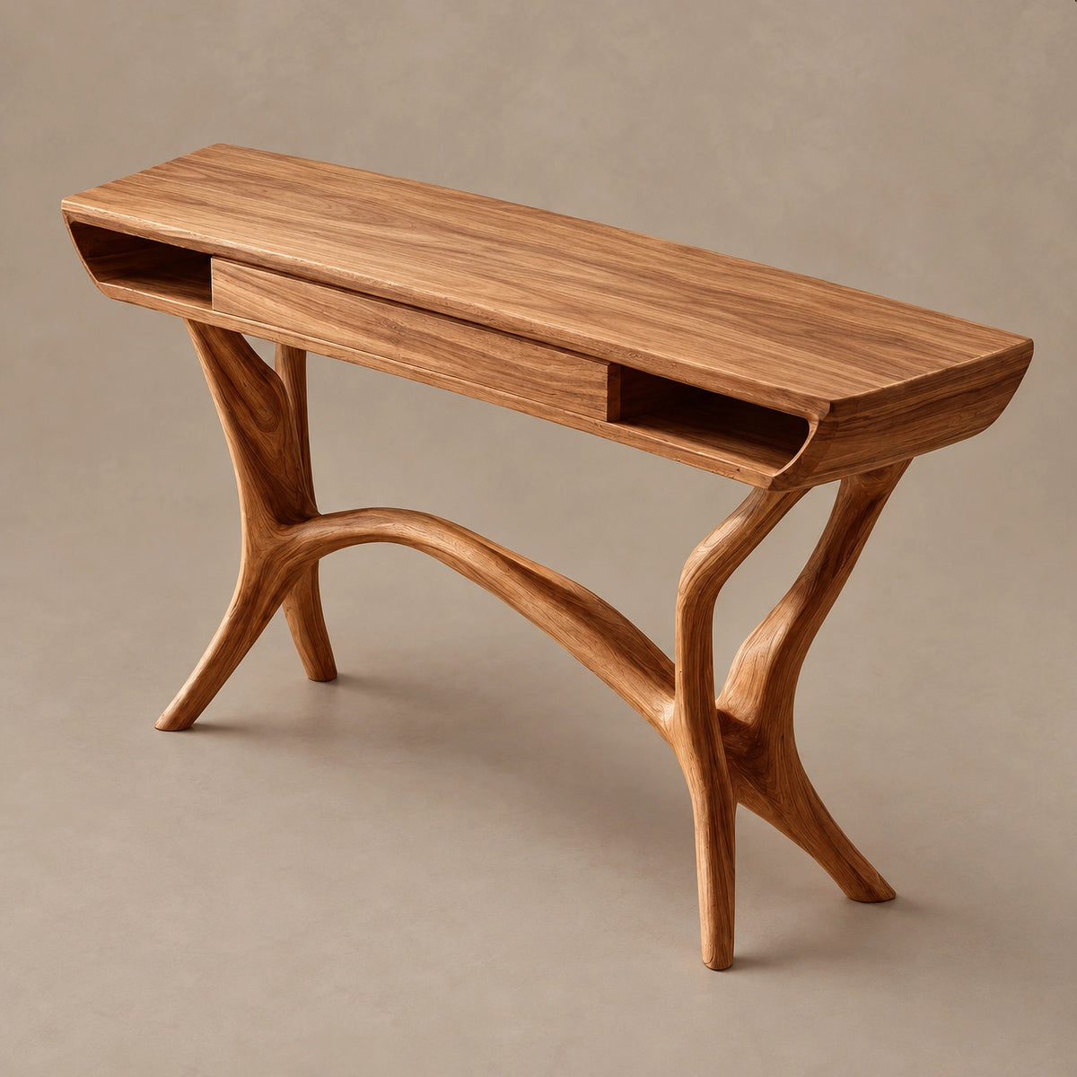 Mid Century Sculpted Console Table With Open Side Cubbies For Hallway