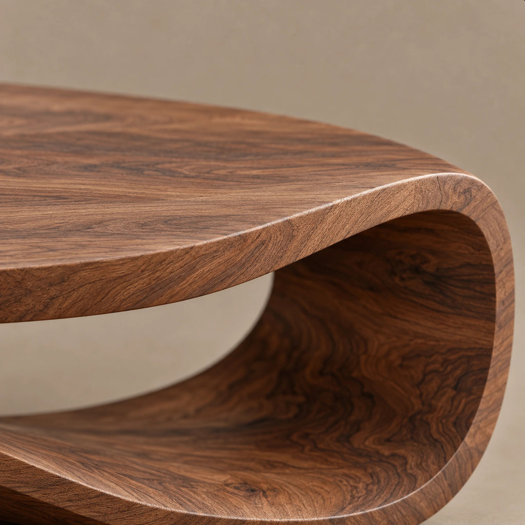 Minimalist Ribbon Wood Coffee Table With Undulating Base For Living Room
