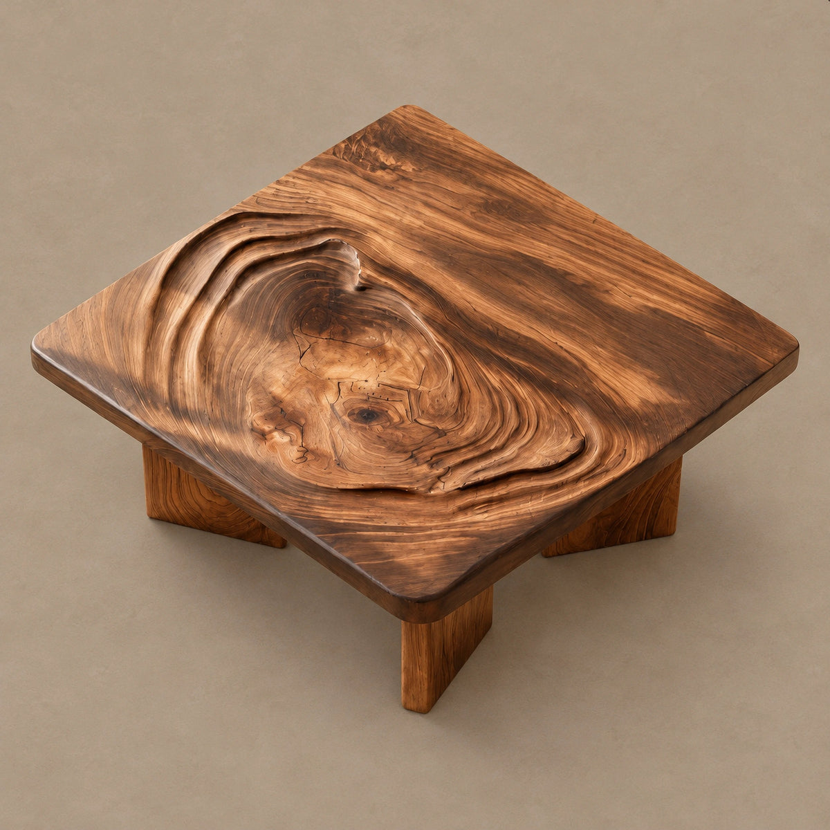 Minimalist Square Coffee Table With Carved Ripple Top For Living Room