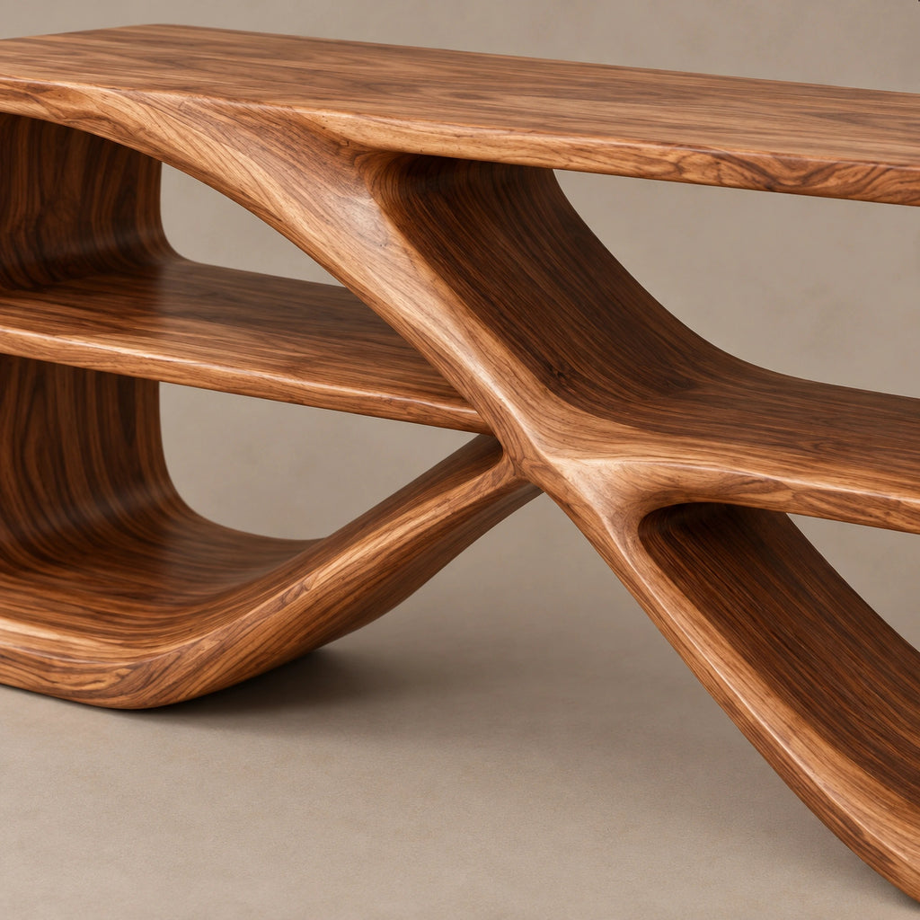Modern Curved Console Table With Open Bookshelves For Living Room