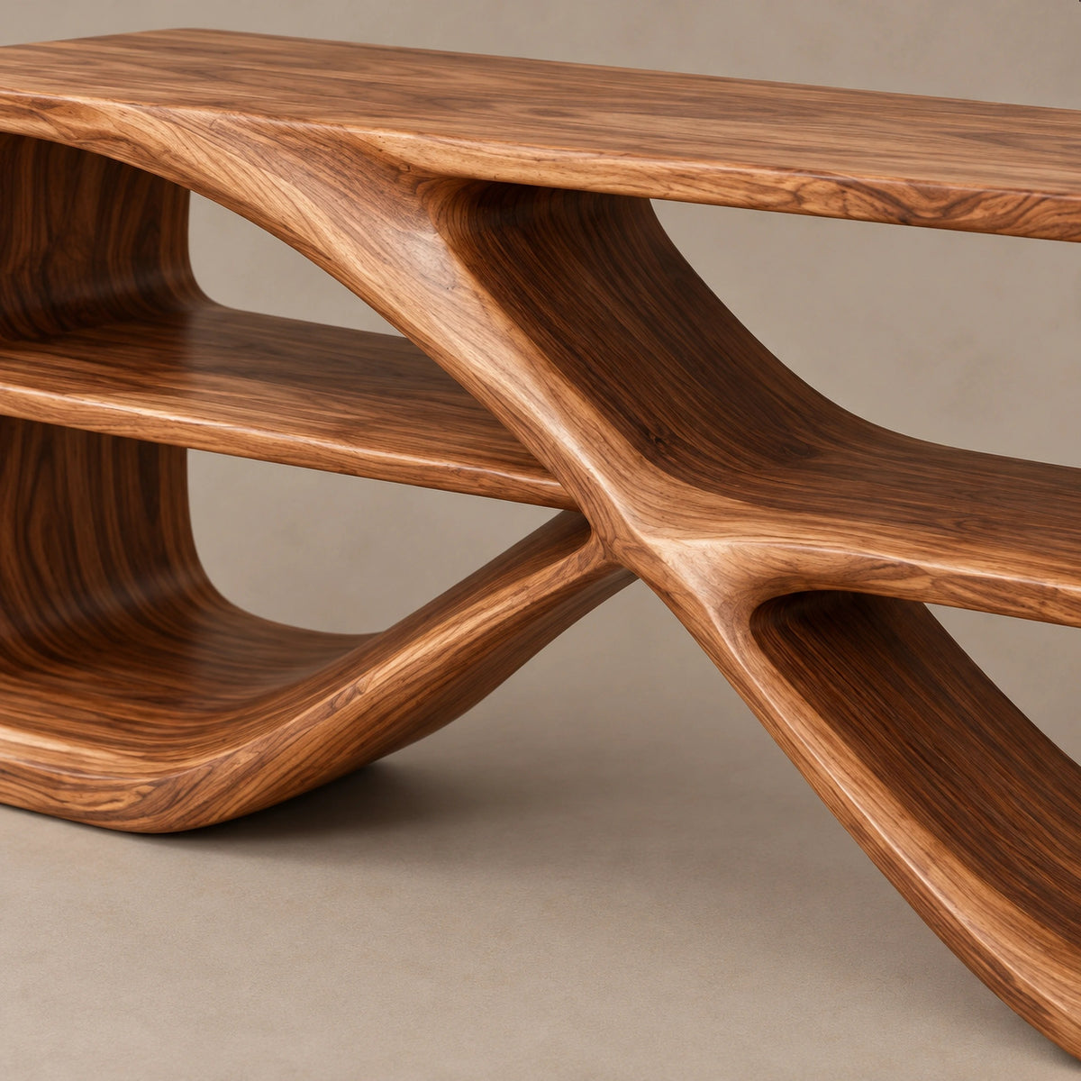 Modern Curved Console Table With Open Bookshelves For Living Room