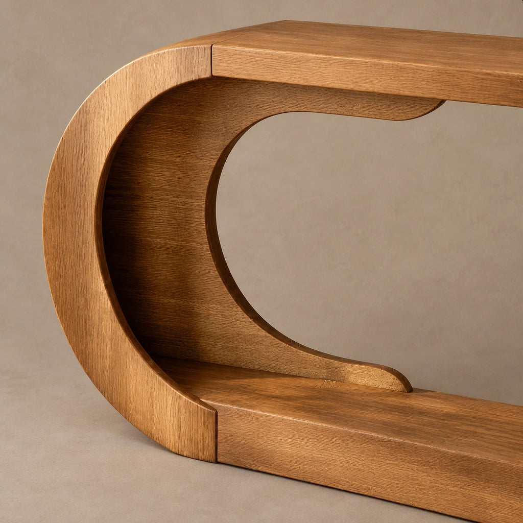 Modern Curved Wood Console Table With Arched Display Shelf For Entryway