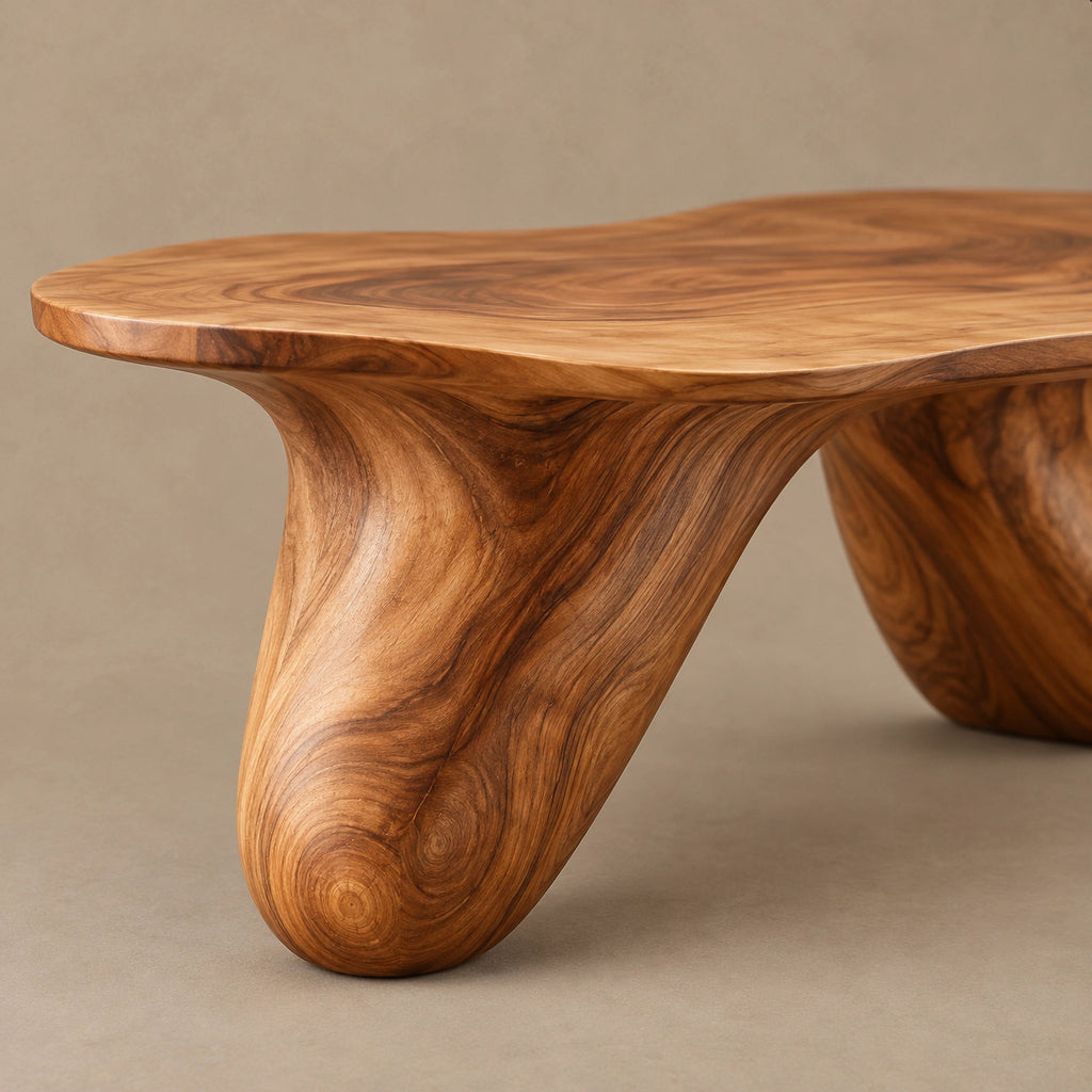 Modern Freeform Wooden Coffee Table With Two Sculpted Legs For Living Room