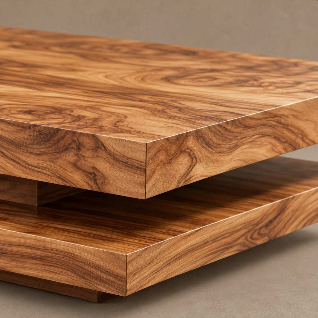 Modern Two Tier Solid Wood Coffee Table With Open Lower Deck For Living Room