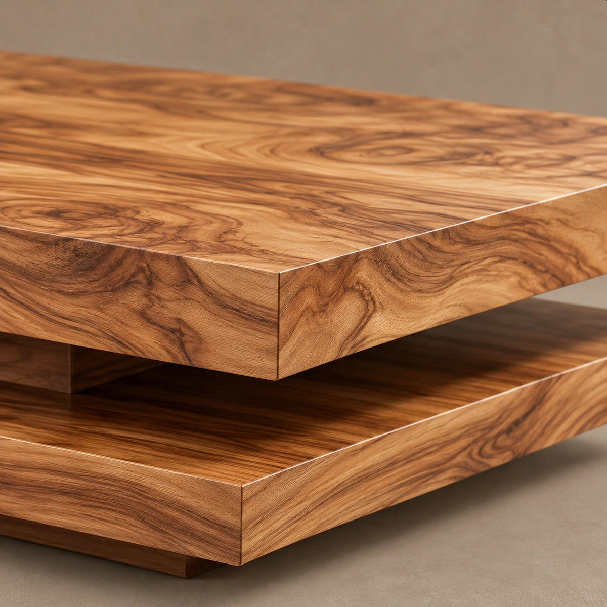 Modern Two Tier Solid Wood Coffee Table With Open Lower Deck For Living Room