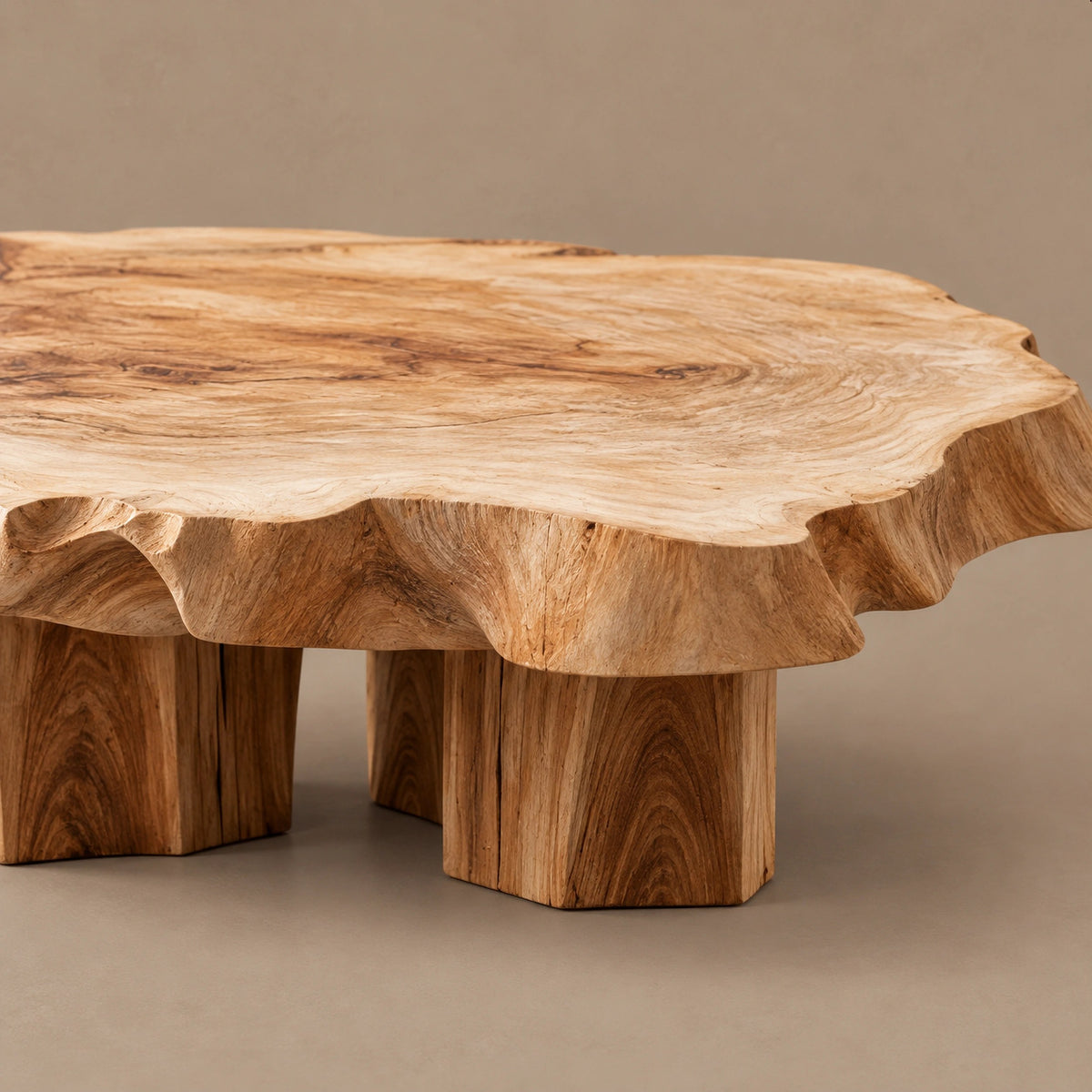 Natural Raw Edge Solid Wood Coffee Table With Chunky Block Legs For Lounge