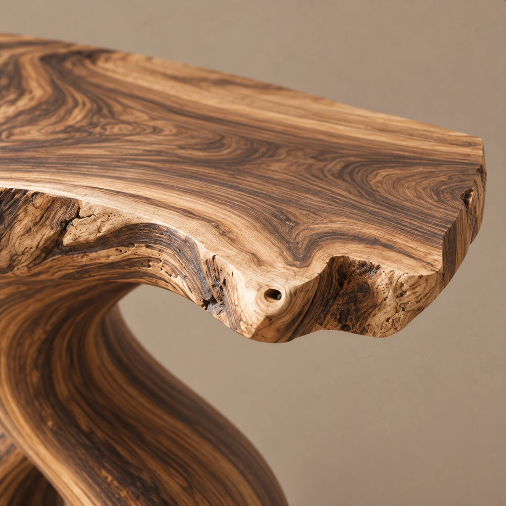 Organic Curved Burl Wood Console Table With Twisting Base For Living Room