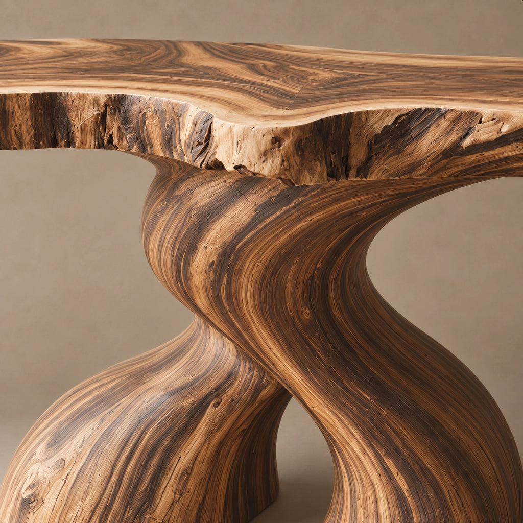Organic Curved Burl Wood Console Table With Twisting Base For Living Room
