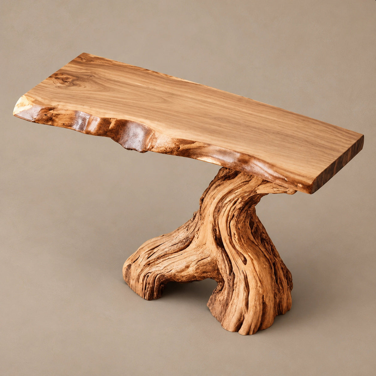 Organic Live Edge Console Table With Gnarled Trunk Base For Entryway