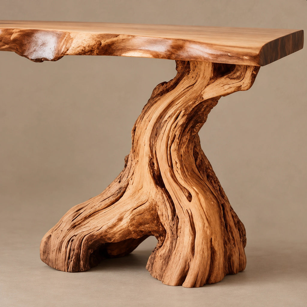 Organic Live Edge Console Table With Gnarled Trunk Base For Entryway