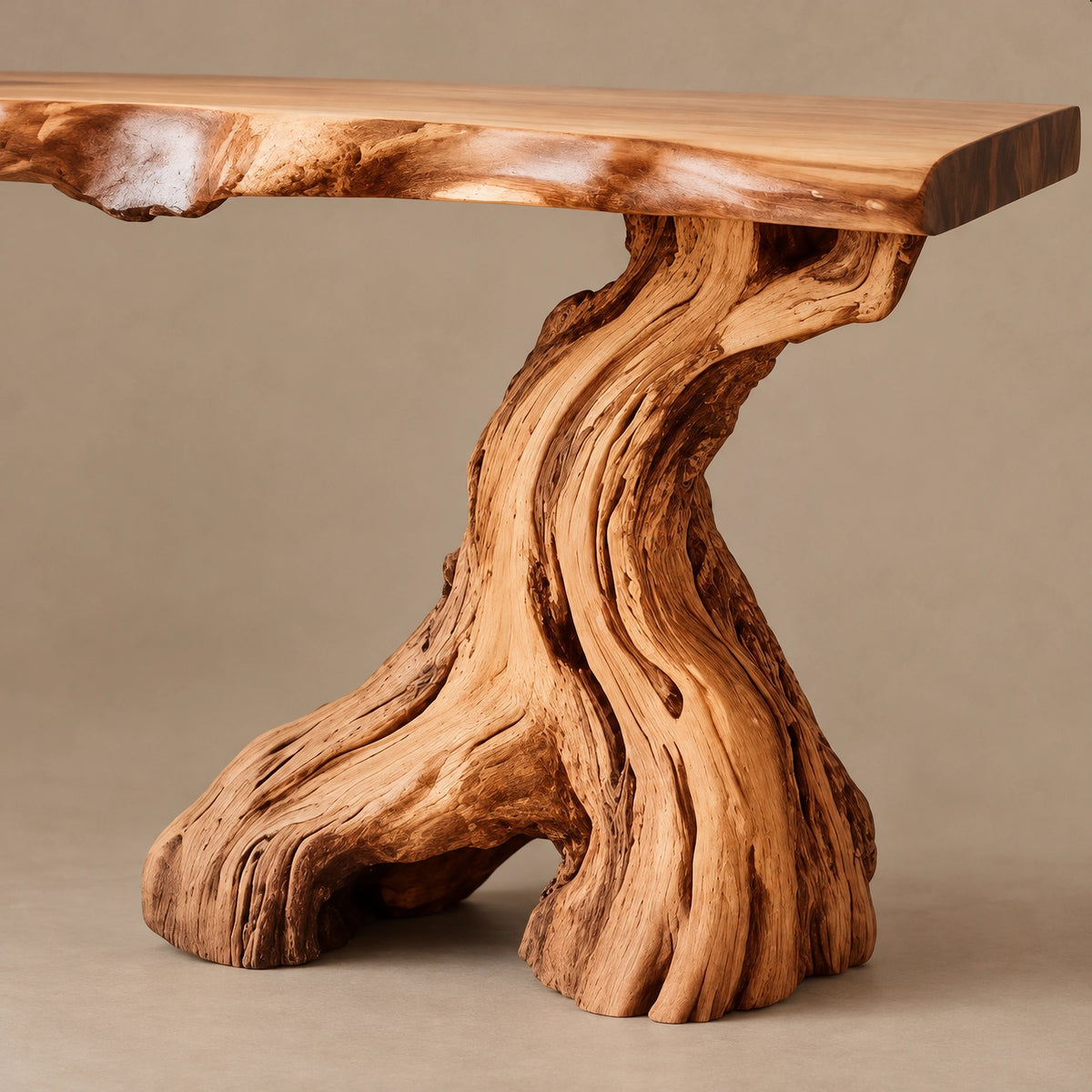 Organic Live Edge Console Table With Gnarled Trunk Base For Entryway