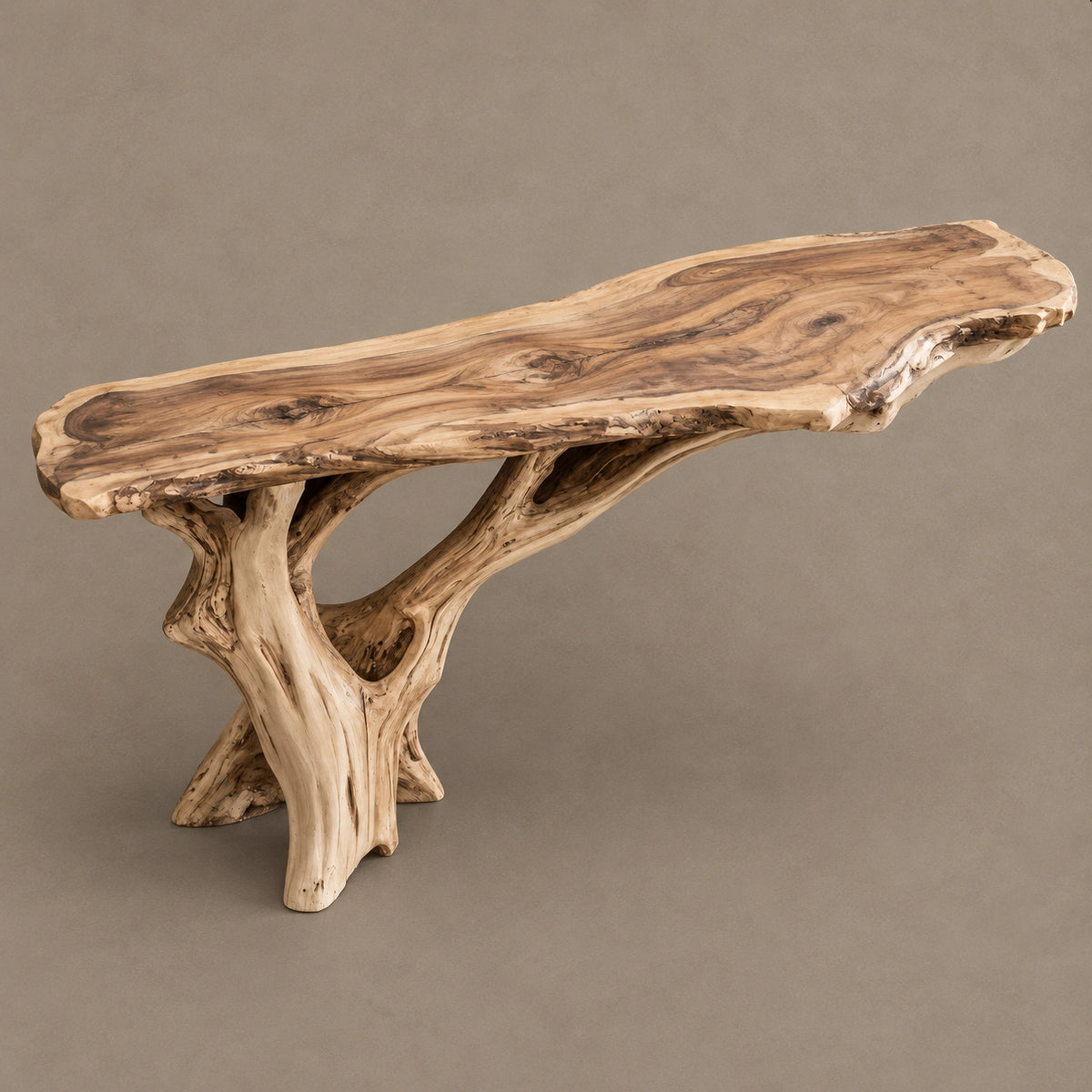 Organic Tree Root Console Table With Live Edge Top For Entryway