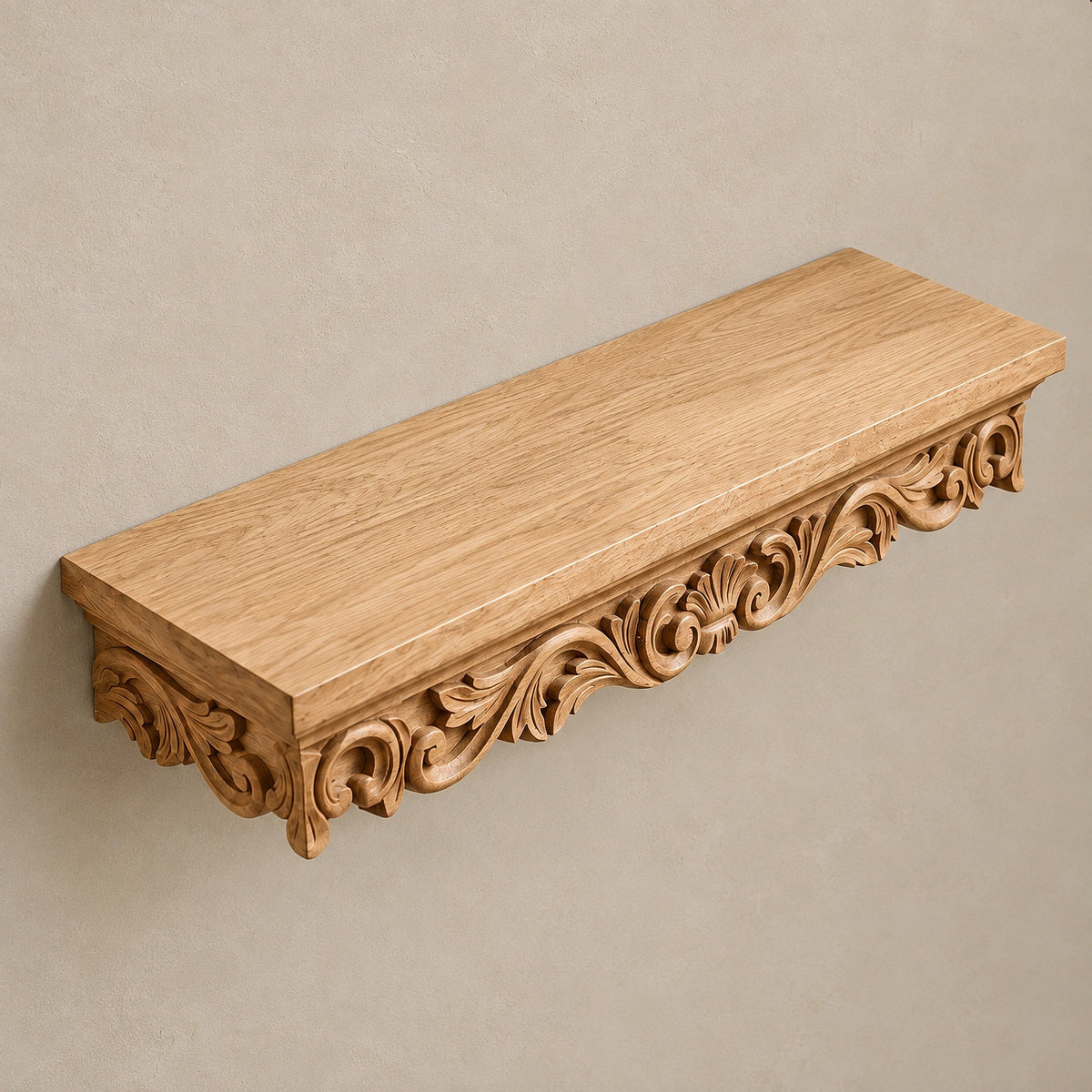 Ornate Carved Wood Floating Wall Shelf With Scroll Brackets For Entryway