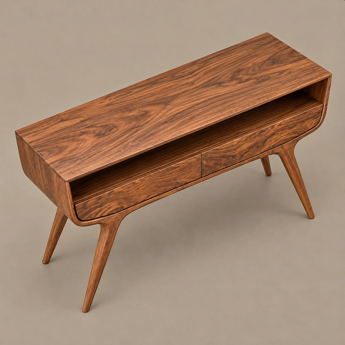 Retro Curved Solid Wood Console Table With Open Storage Cubby For Entryway
