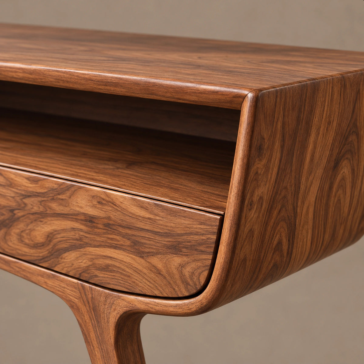 Retro Curved Solid Wood Console Table With Open Storage Cubby For Entryway