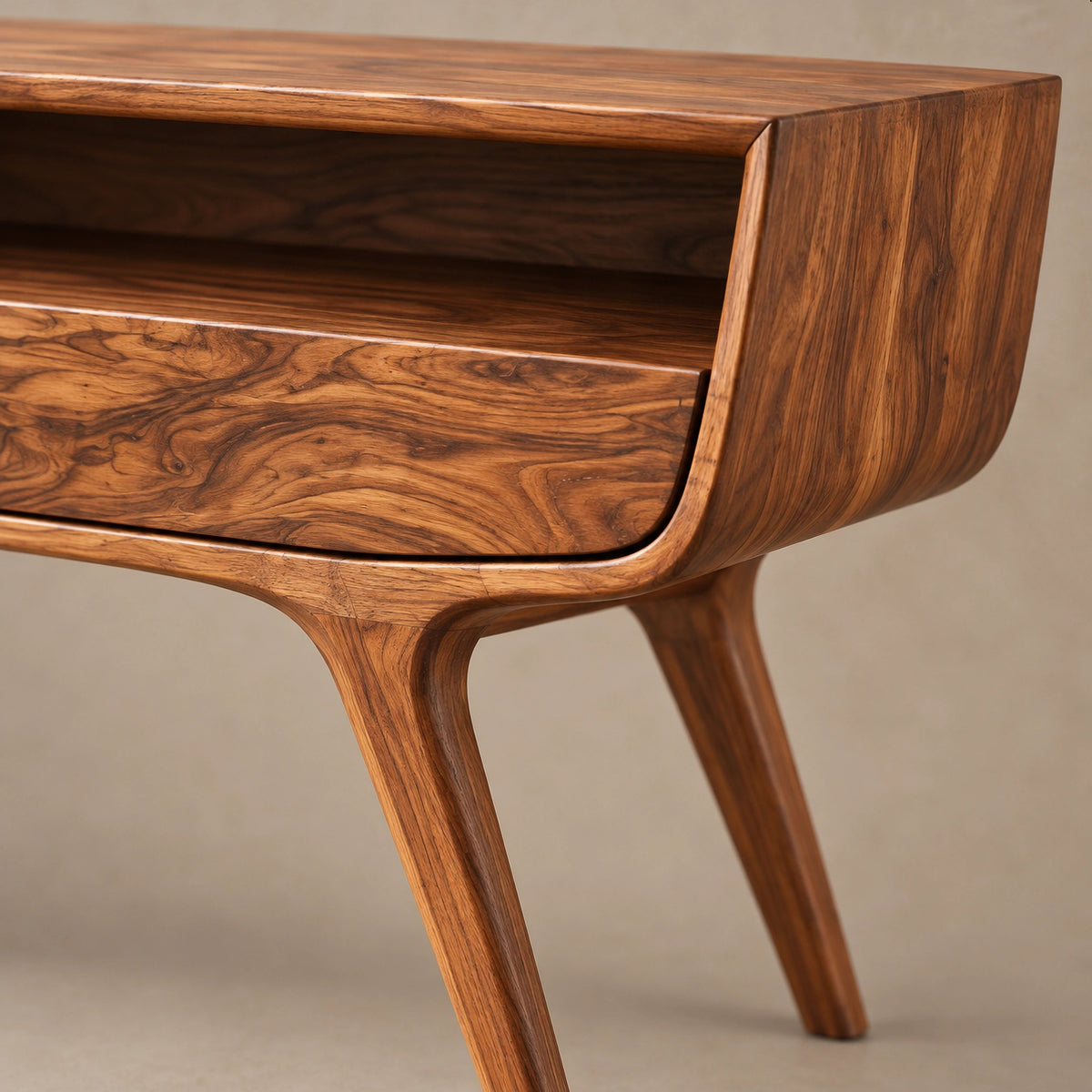 Retro Curved Solid Wood Console Table With Open Storage Cubby For Entryway
