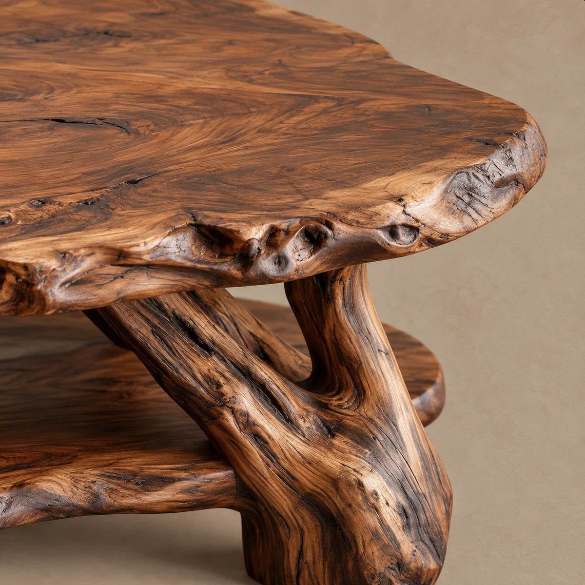 Farmhouse Root Wood Coffee Table With Lower Shelf For Living Room