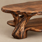 Farmhouse Root Wood Coffee Table With Lower Shelf For Living Room
