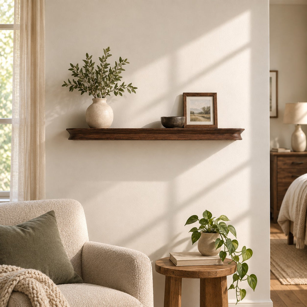 Minimalist Floating Wall Shelf Set With Thick Beam Profile For Bedroom