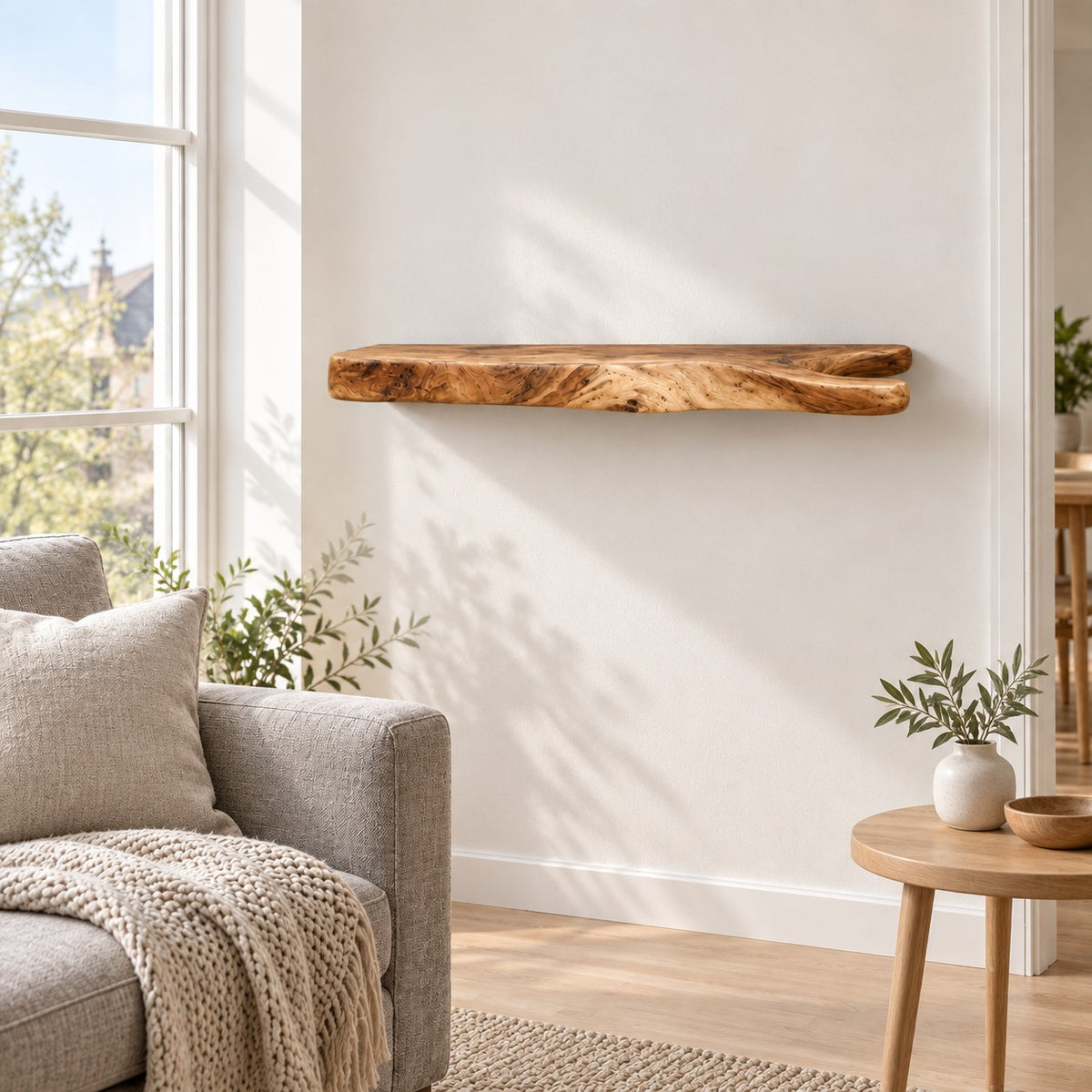 Handcrafted Live Edge Wall Shelf Set With Forked Branch End For Living Room