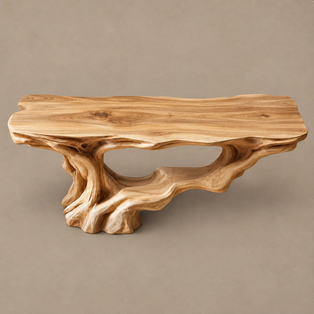 Rustic Driftwood Root Console Table With Lower Display Shelf For Hallway