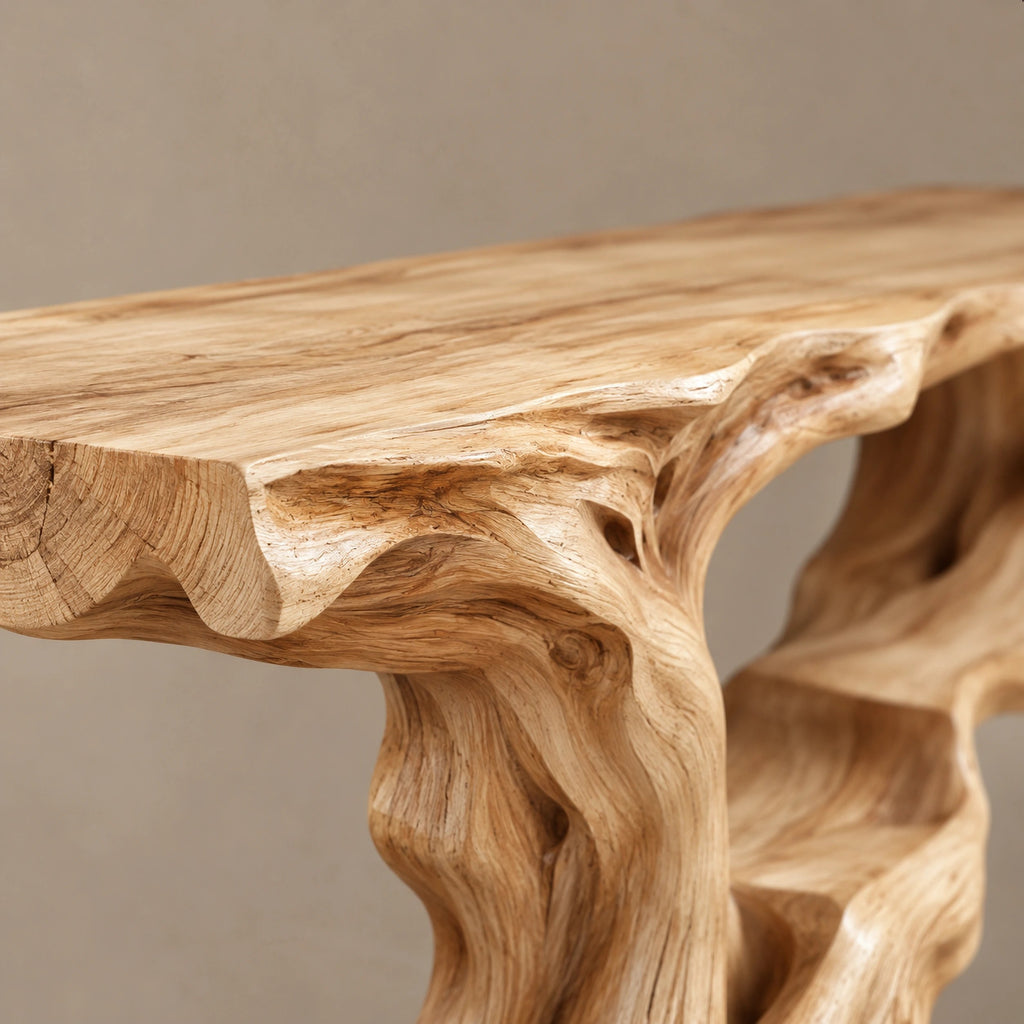 Rustic Driftwood Root Console Table With Lower Display Shelf For Hallway