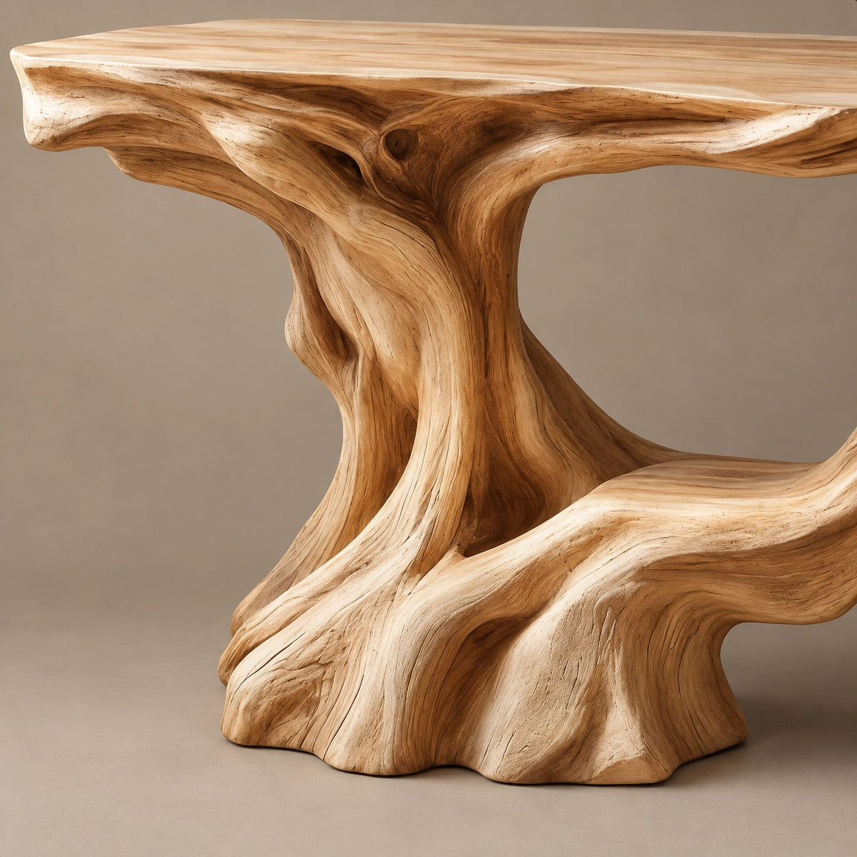 Rustic Driftwood Root Console Table With Lower Display Shelf For Hallway