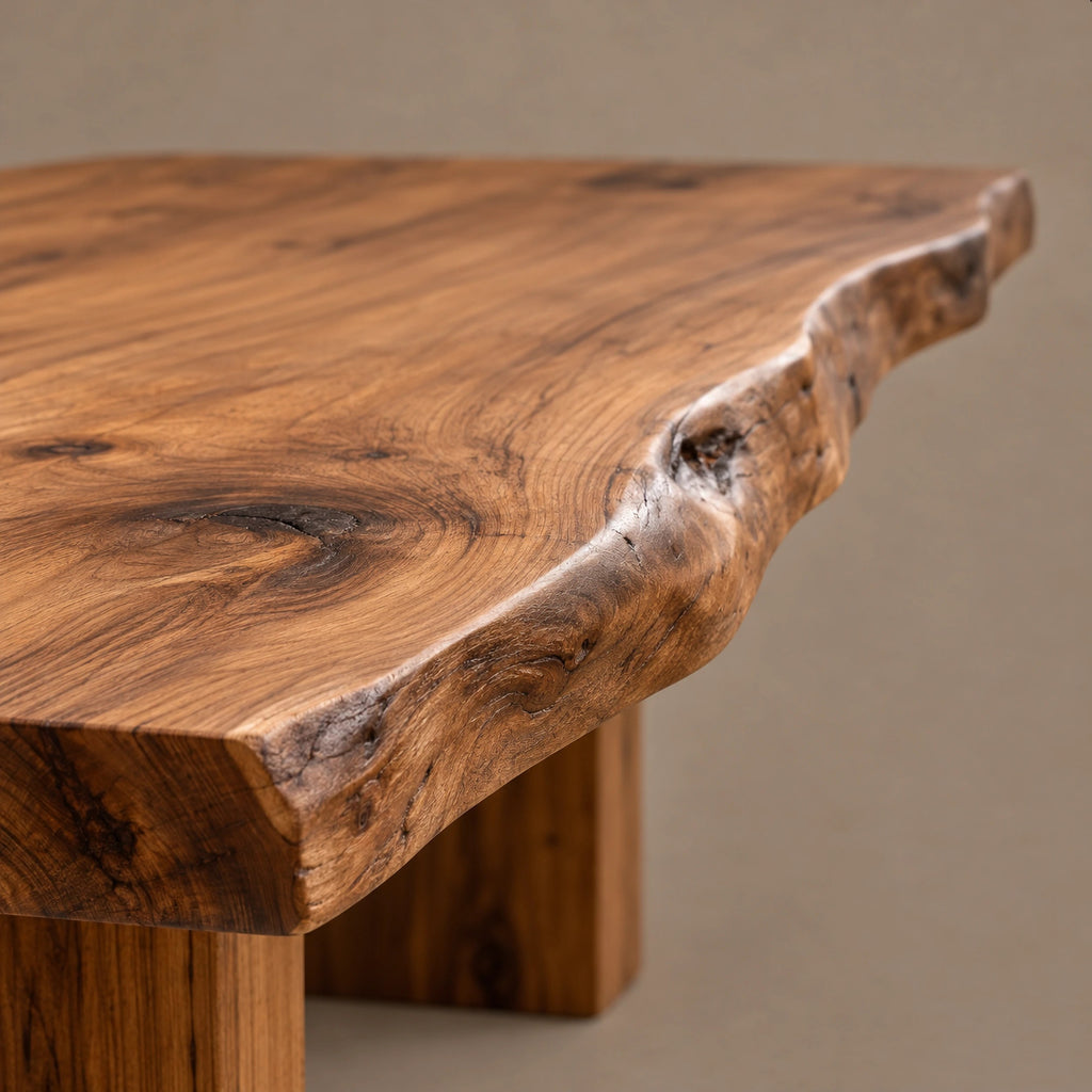 Farmhouse Live Edge Coffee Table On Two Block Legs For Living Room