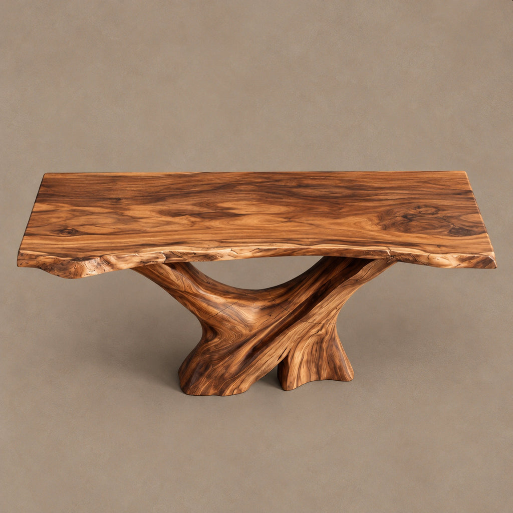 Rustic Live Edge Console Table With Forked Tree Trunk Base For Entryway