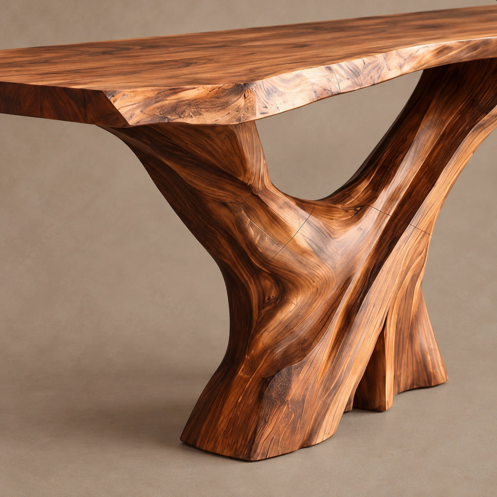 Rustic Live Edge Console Table With Forked Tree Trunk Base For Entryway