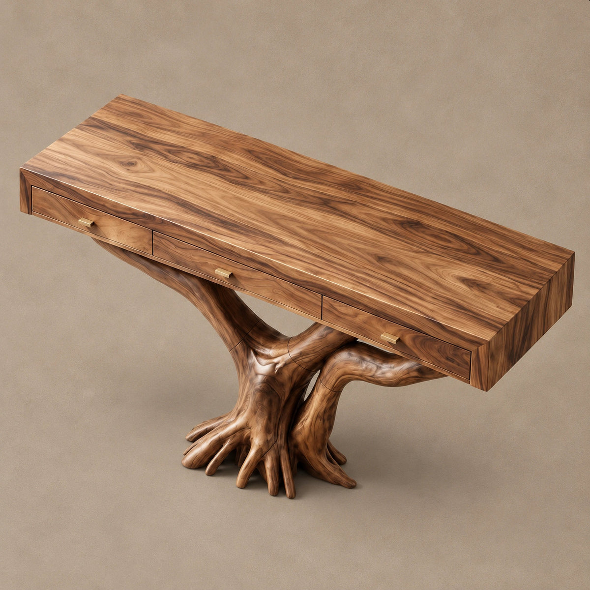 Rustic Tree Root Console Table With 3 Drawers For Entryway And Office