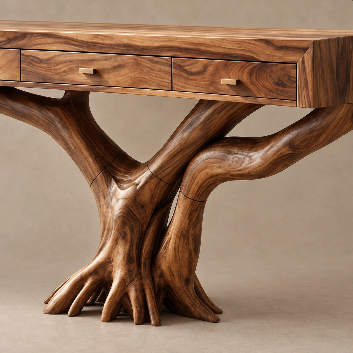 Rustic Tree Root Console Table With 3 Drawers For Entryway And Office